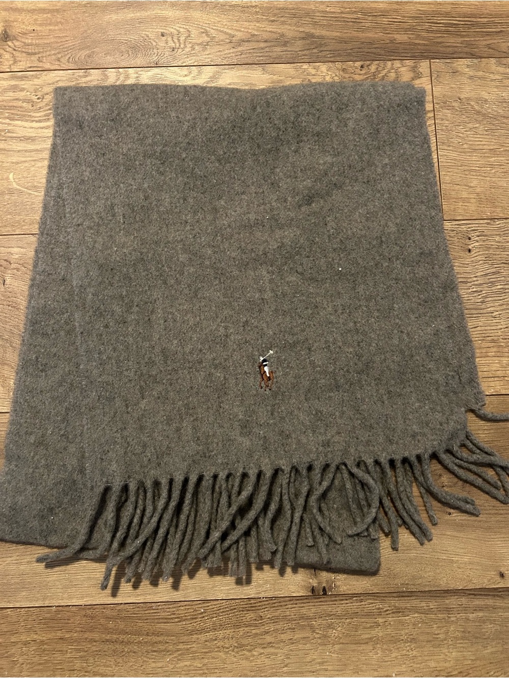 Polo by Ralph Lauren Charcoal Gray Wool Fringed Scarf with Polo Pony